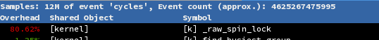 display from perf top, showing 80 percent of time in a spinlock