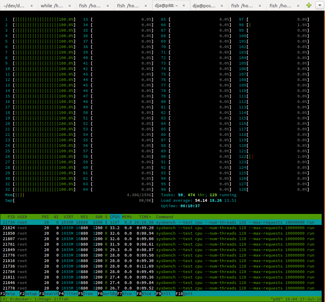 htop screenshot, showing load only on CPUs 0-31